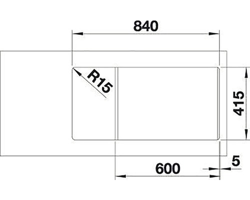 Technický nákres s rozmermi produktu, vrátane dĺžky 840, šírky 415 a polomeru 15