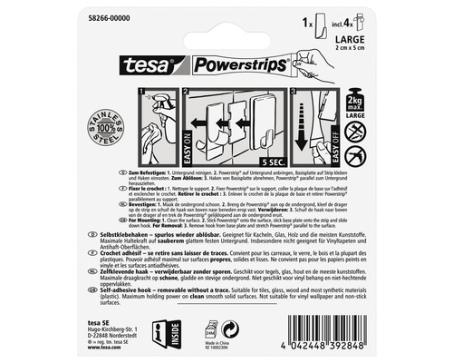 Tesa Powerstrips veľký samolepiaci háčik, vrátane štyroch prúžkov Powerstrips