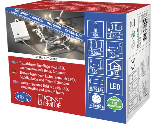 Svetelná reťaz Konst Smide s LED, napájaná batériou, multifunkčná a časovač, 6 hodín