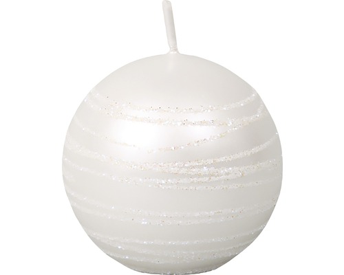 Vianočná sviečka Andromeda guľa Ø6 cm biela Dekoratívna guľatá sviečka s trblietavými líniami