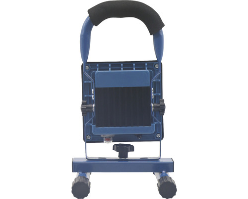 Modré LED stavebné svietidlo s rukoväťou a stojanom.