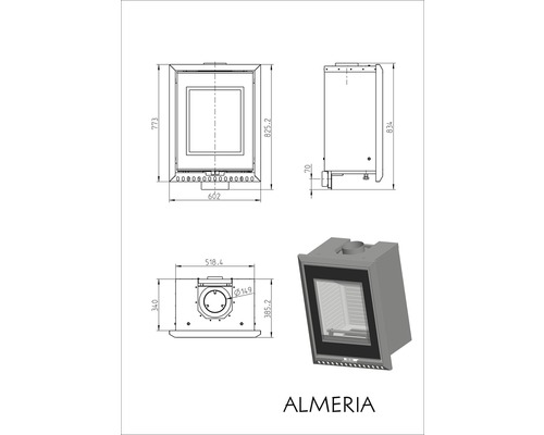 Technický nákres krbovej vložky Almeria s rozmermi.