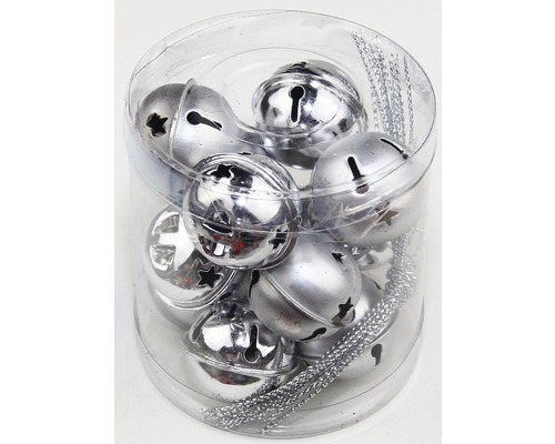 Rolnička strieborná Ø3 cm 12 ks Strieborné rolničky v priehľadnej plastovej krabičke