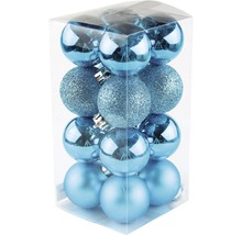 Balenie dvanástich modrých plastových vianočných gúľ s rôznymi povrchmi