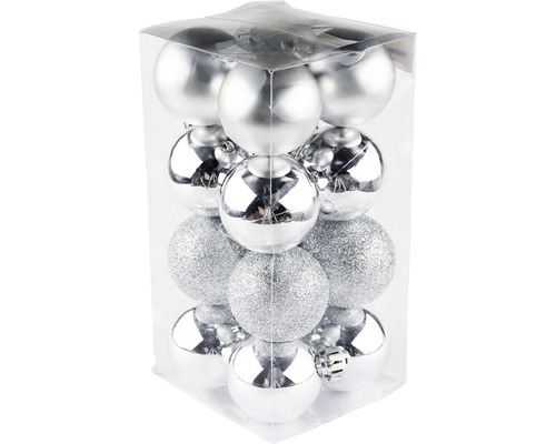 Vianočné ozdoby plastové gule strieborné Ø4 cm 16 ks Balenie strieborných vianočných gúľ s lesklým a trblietavým povrchom