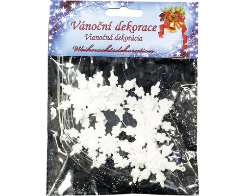 Vianočné ozdoby vločky s trblietkami akrylové Ø5 cm 12 ks biele Balenie snehových vločiek na vianočné dekorácie