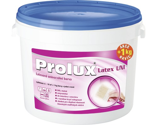 Farba na stenu Prolux Latex UNI biela 5 kg +1 kg zadarmo Vedro latexovej farby pre vnútorné a vonkajšie použitie