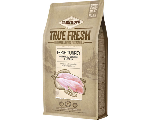 Granule pre psov Carnilove True Fresh Turkey Adult 4 kg Carnilove True Fresh suché krmivo pre psov s čerstvou morkou, červenou šošovicou a žaburinkou