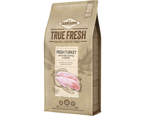 Granule pre psov Carnilove True Fresh Turkey Adult 11,4 kg Carnilove True Fresh suché krmivo pre psov s čerstvým moriakom, červenou šošovicou a žaburinkou v balení.