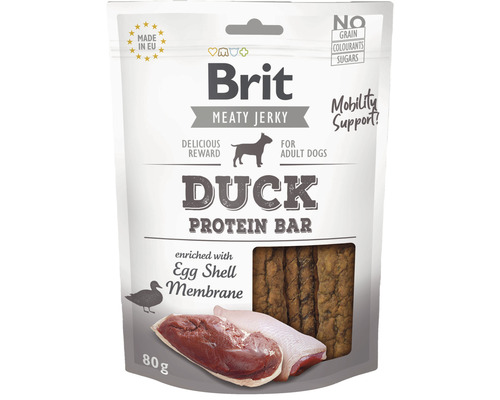 Maškrta pre psov Brit Care Jerky Duck Protein Bar 80 g Brit Meaty Jerky maškrta pre psov s kačicou na podporu mobility dospelých psov v 80-gramovom balení