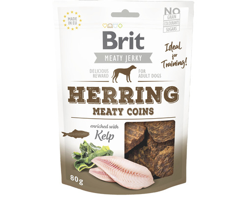 Maškrta pre psov Brit Care Jerky Herring Meaty Coins 80 g Brit Meaty Jerky Herring Meaty Coins psí maškrta v 80-gramovom balení