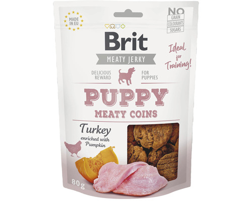 Maškrta pre psov Brit Care Jerky Turkey Meaty Coins for Puppies 80 g Brit Puppy Meaty Coins pochúťka pre šteňatá s moriakom a tekvicou, 80 gramov