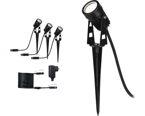 Štartovacia sada Paulmann Plug & Shine - 3x LED vonkajšie bodové svietidlo IP65 3W 150lm 3000K čierne + 1x trafo + 1x prepojovací kábel 0,5m 24V Sada záhradných reflektorov so zemným hrotom, transformátorom a pripojovacím káblom