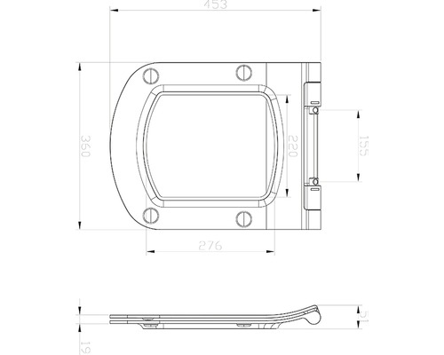 Technický nákres záchodovej dosky s rozmermi