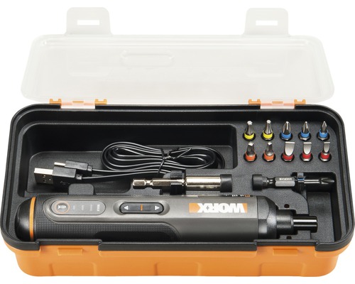 Sada akumulátorového skrutkovača v kufríku na náradie s nabíjačkou a bitmi