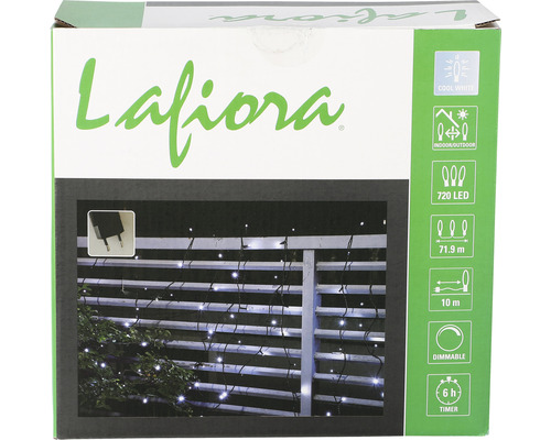 Svetelná reťaz Lafiora na dekoráciu do interiéru a exteriéru so 720 LED diódami, 71,9 metrov prívodného kábla, 10 metrov dĺžky, studeným bielym svetlom, funkciou stmievania a časovačom