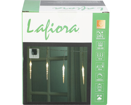 Balenie cencúľovej svetelnej reťaze Lafiora so 120 LED diódami, 12-metrovým prívodným káblom, vhodná pre vnútorné aj vonkajšie použitie