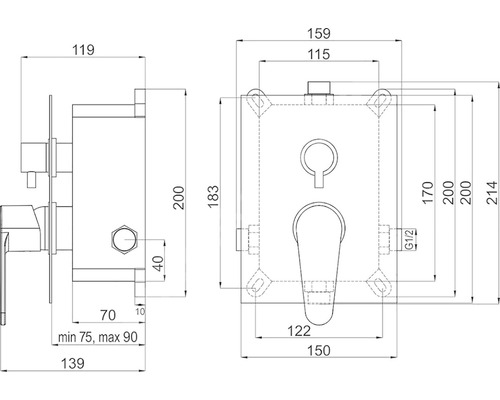 Technický nákres podomietkovej batérie s rozmermi
