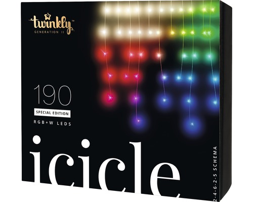 Svetelná sieť Twinkly 190 LED s WLAN a aplikáciou farebné a teplé biele svetlo Svetelná reťaz Twinkly Icicle so 190 RGBW LED, špeciálna edícia, balenie produktu