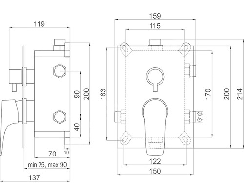 Rozmerový nákres podomietkovej sprchovej batérie s rozmermi
