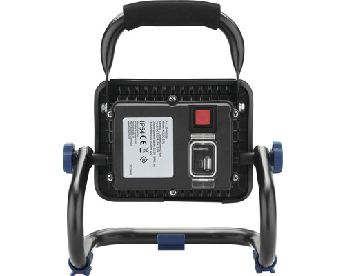 Pohľad zozadu na LED akumulátorové stavebné svietidlo s rukoväťou a stupňom krytia IP54