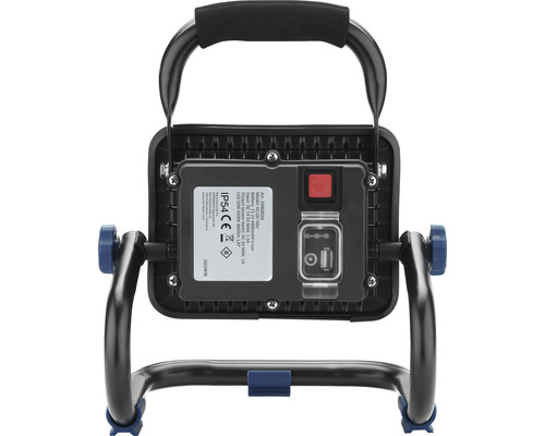 Zadná strana LED stavebného svetlometu s rukoväťou a stupňom krytia IP54