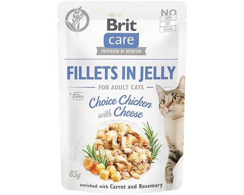 Kapsička pre mačky Brit Care Choice Chicken with Cheese Jelly 85 g Brit Care krmivo pre mačky filéty v želé s kuracím mäsom a syrom pre dospelé mačky, 85 gramov