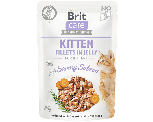 Kapsička pre mačky Brit Care Savory Salmon for Kitten Jelly 85 g Brit Care Kitten kapsička pre mačatá s lososom, mrkvou a rozmarínom, 85 gramov