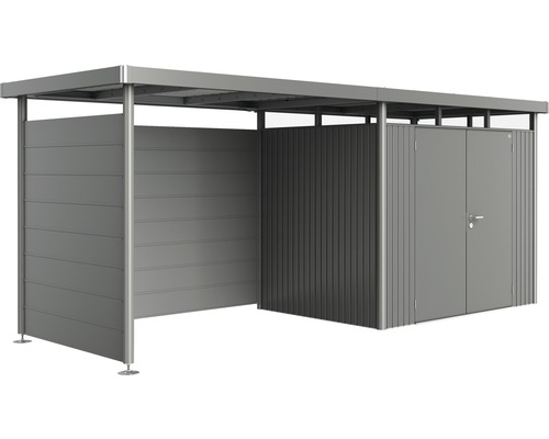 Sivý prístrešok na náradie so strechou a bočnými dielmi do záhrady