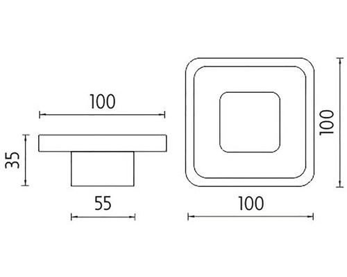 Technický nákres štvorcového odtoku s rozmermi 100 x 100 milimetrov a výškou 35 milimetrov