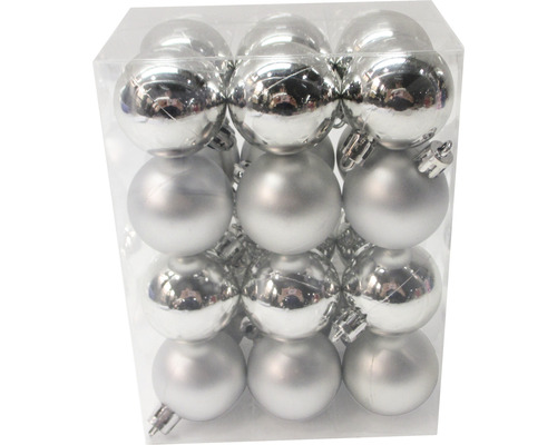 Vianočné ozdoby Lafiora plastové gule Ø4 cm 24 ks strieborné Balenie vianočných gúľ s rôznymi povrchmi