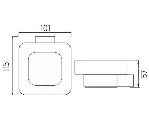 Rozmerový nákres štvorcového dávkovača s rozmermi 101 x 115 x 57 milimetrov