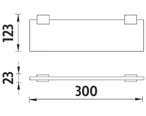 Technický nákres nástennej police s rozmermi 300 x 123 x 23 milimetrov