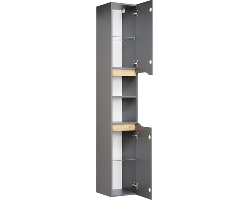 Sivá kúpeľňová skrinka s otvorenými dverami a sklenenými policami