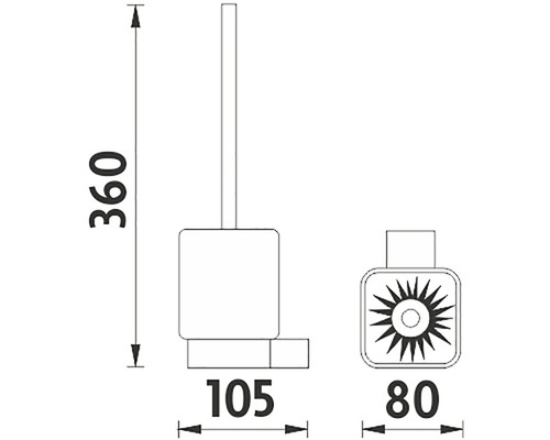 Technický nákres toaletnej kefy s rozmermi 360 mm výška, 105 mm hĺbka a 80 mm šírka