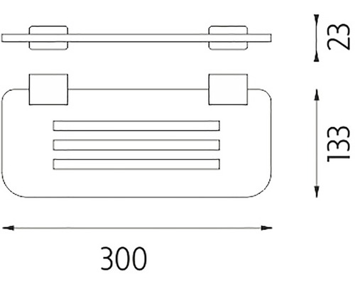 Technický nákres kúpeľňovej police s rozmermi.