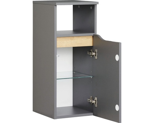 Sivá závesná kúpeľňová skrinka s otvorenými dverami a sklenenými policami