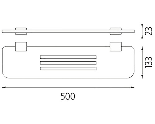Technický nákres sklenenej police s rozmermi