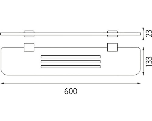Technický nákres poličky na uteráky s rozmermi 600 x 133 x 23 milimetrov