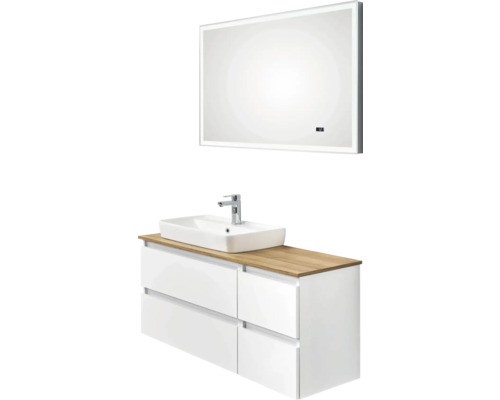 Skrinka pod umývadlo s umývadlom na dosku a osvetleným zrkadlom do kúpeľne