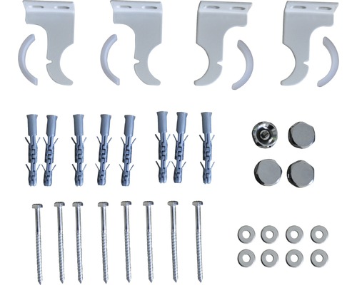 Upevňovací materiál pre sprchovú tyč, vrátane nástenných držiakov, hmoždiniek, skrutiek a krytiek