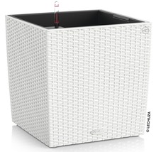 Biely, štvorcový kvetináč so zavlažovacím systémom a indikátorom hladiny vody.