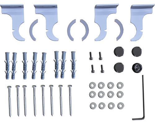 Upevňovací materiál pre radiátory vrátane skrutiek, hmoždiniek, podložiek a montážneho náradia