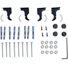 Upevňovací materiál pre sprchovú stenu pozostávajúci z držiakov, hmoždiniek, skrutiek, krytov a kľúča