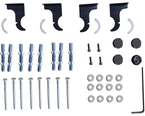 Upevňovací materiál pre sprchovú stenu pozostávajúci z držiakov, hmoždiniek, skrutiek, krytov a kľúča