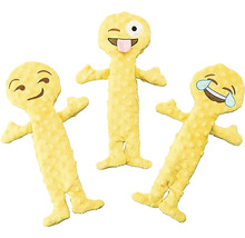 Tri žlté plyšové hračky emoji s rôznymi výrazmi tváre