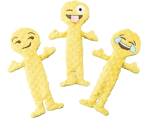 Tri žlté plyšové hračky emoji s rôznymi výrazmi tváre