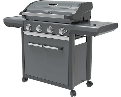Plynový gril so štyrmi horákmi, bočnými stolíkmi a spodnou skrinkou