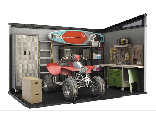 Priestranná kôlňa na náradie s úložnými systémami, ponkom a štvorkolkou