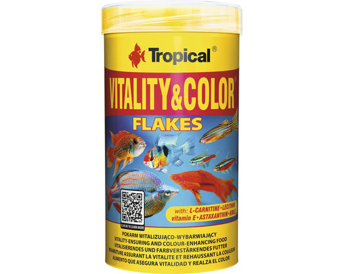 Vločkové krmivo Tropical Vitality & Color Flakes 250 ml farebné krmivo Tropical Vitality a Color vločkové krmivo pre ryby v žltej dóze